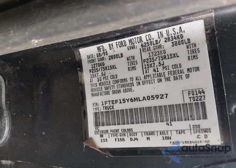 1991 Ford F150 z USA, uszkodzony, nr VIN 1FTEF15Y6MLA05927